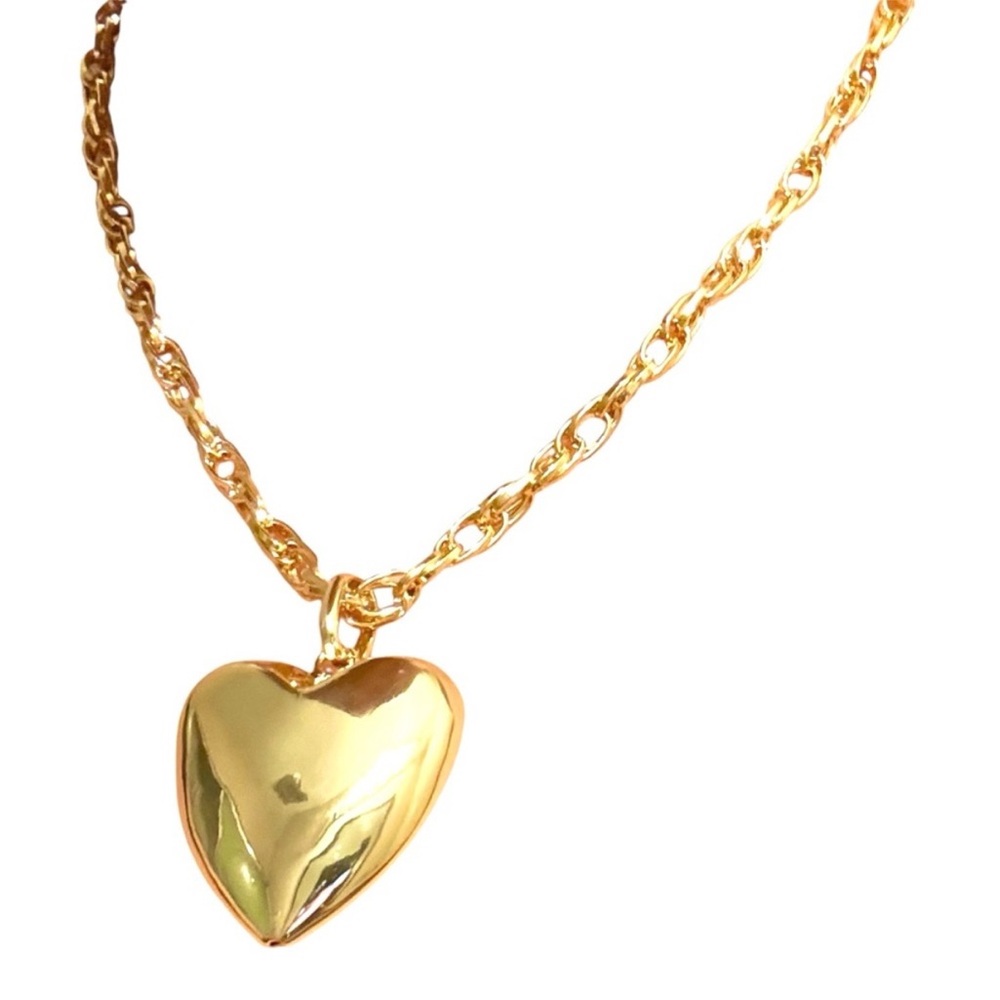 24k Gold Puffy Heart Pendant Necklace with a Thick Gold Filled Chain, New